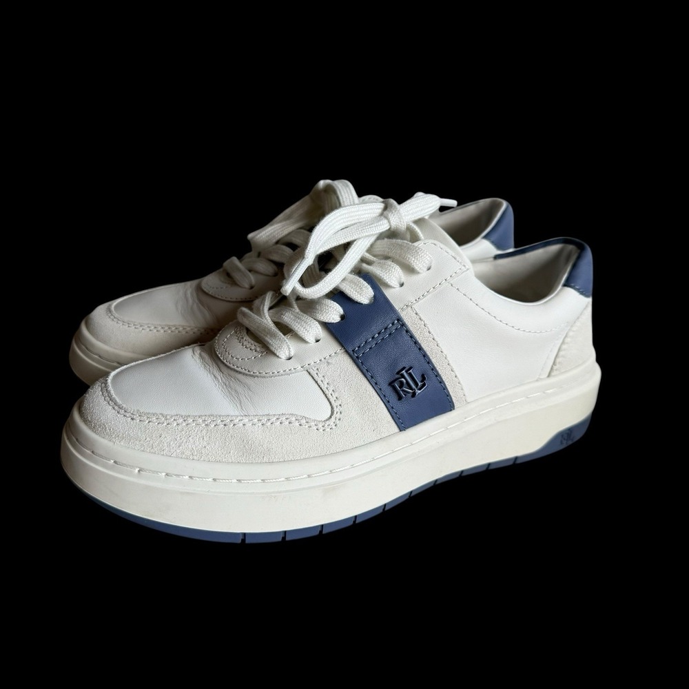 Lauren Ralph Lauren Harlie Color-Blocked Leather Lace-Up Sneakers Size 7 Blue‎
